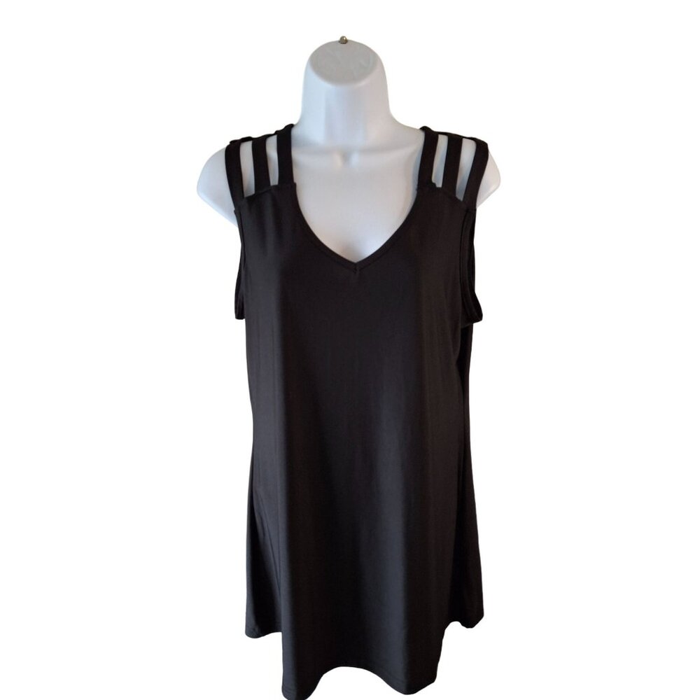 Lily Firminana Womens V Neck Top L Black Sleeveless Strappy Goth Lagenlook